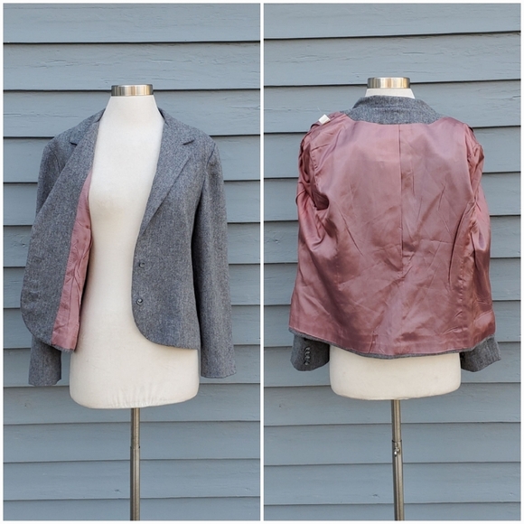 Vintage 80s Retro Preppy Acadamia Gray Wool Blend Blazer Skirt Suit Set Sm/Md - Picture 2 of 6